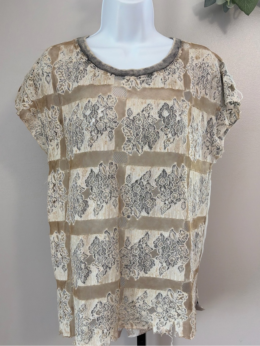 NWT Aratta Silent Journey Cream, Gray & Tan Lace Overlay Short Sleeve Top